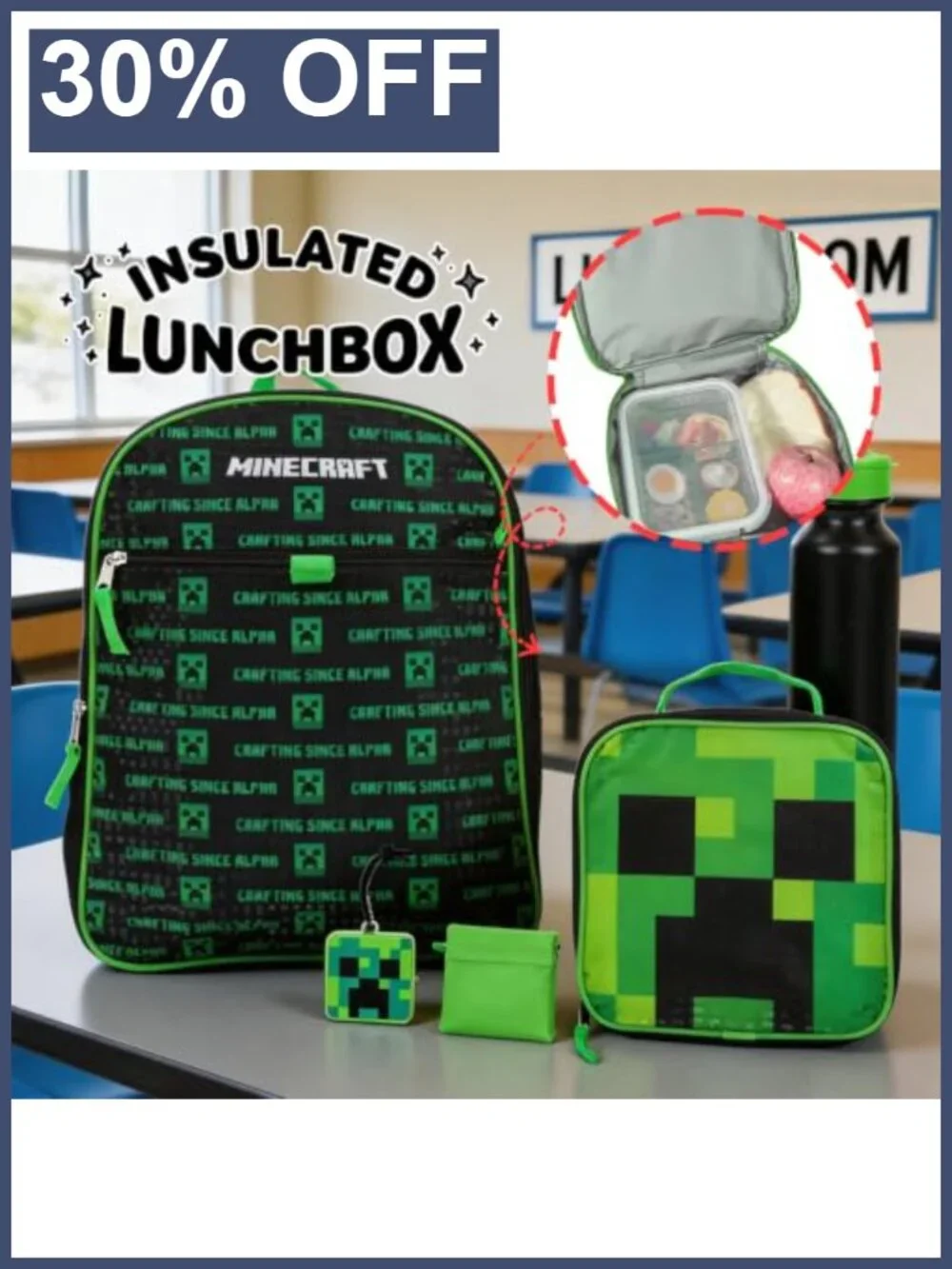 Minecraft Creeper Youth 5-Piece Backpack Set with Lunch Box, Water Bottle &